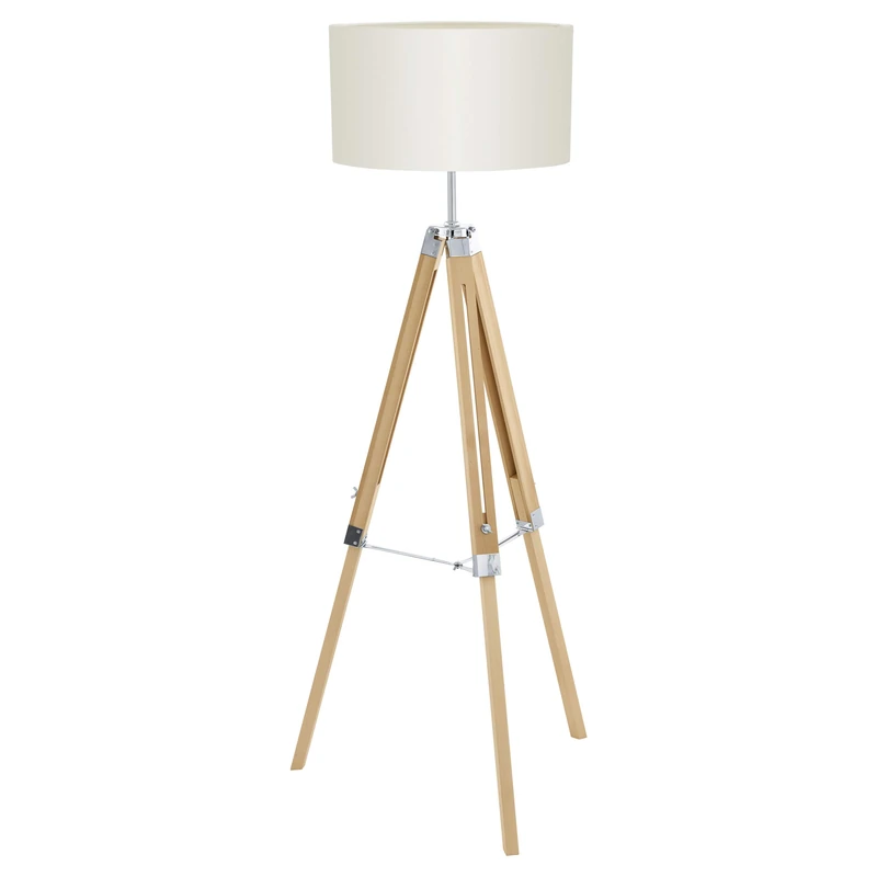 EGLO Tripod floor lamp Lantada, vintage standing light made of natural wood, steel and beige fabric, living room lighting with switch, E27 socket - Image 1