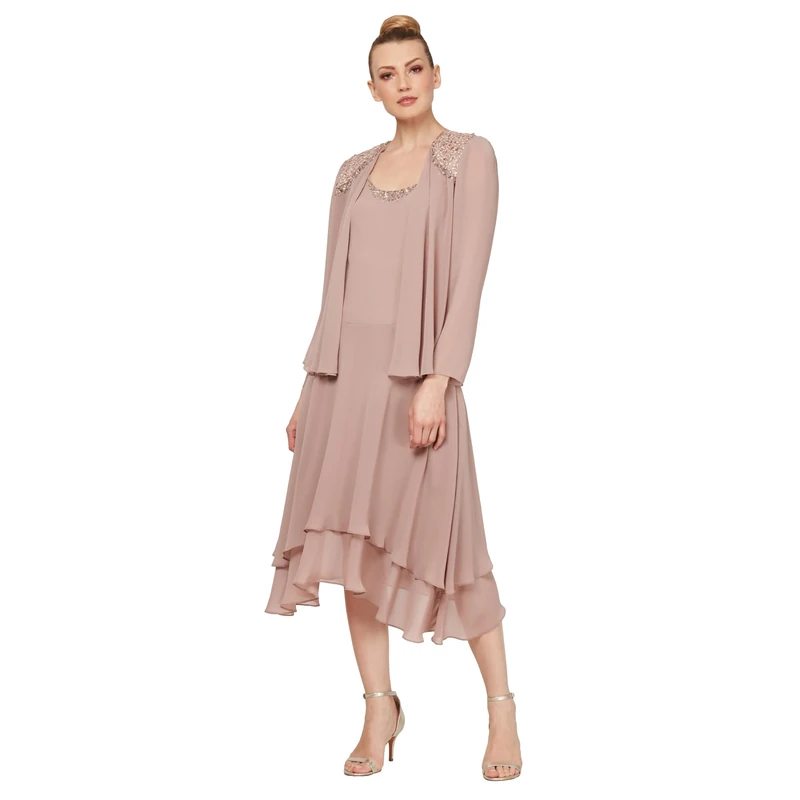 S.L. Fashions Women's Mother of The Bride Dress with Embellished Neckline & Shoulder, Wedding Guest (Petite and Regular Sizes) Special Occasion, Cashmere, 12