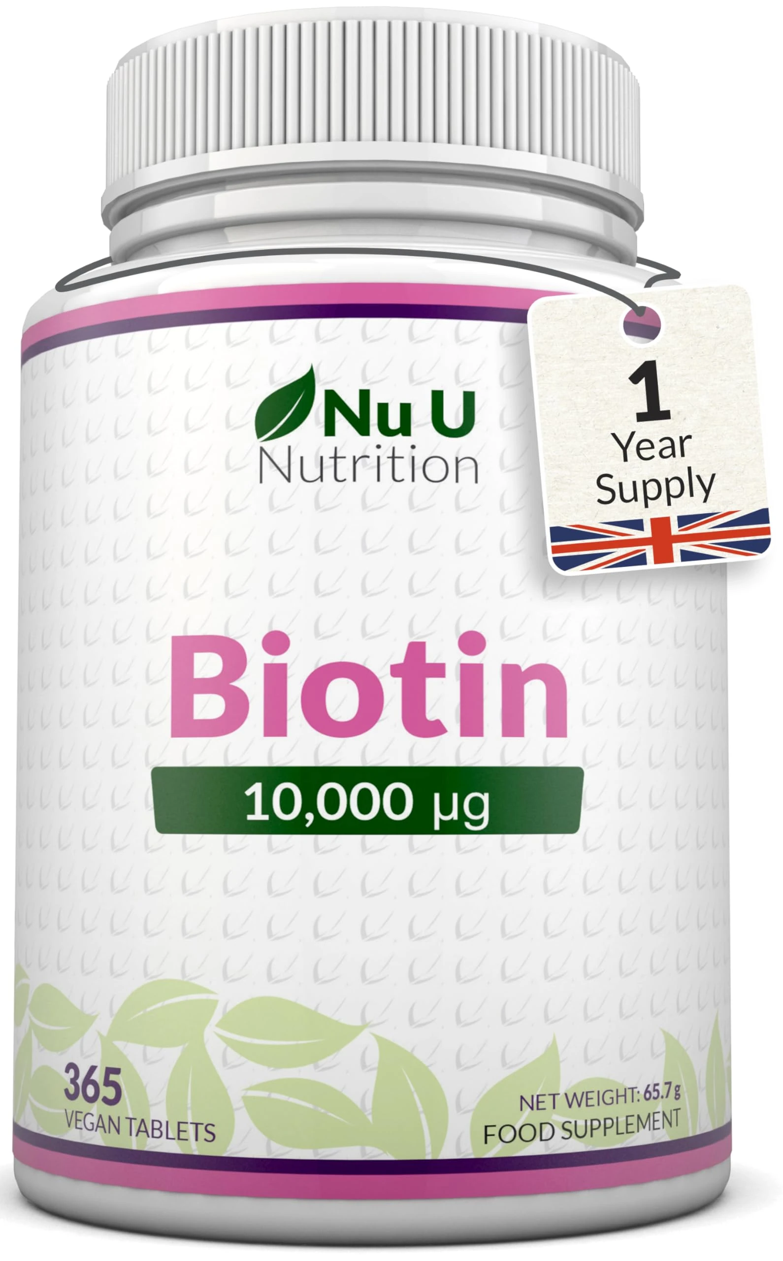 Biotin 10,000mcg - 365 Vegan Micro Tablets - 1 Year Supply - Hair, Skin & Nails Growth Supplement for Women & Men - Made in The UK - Nu U Nutrition