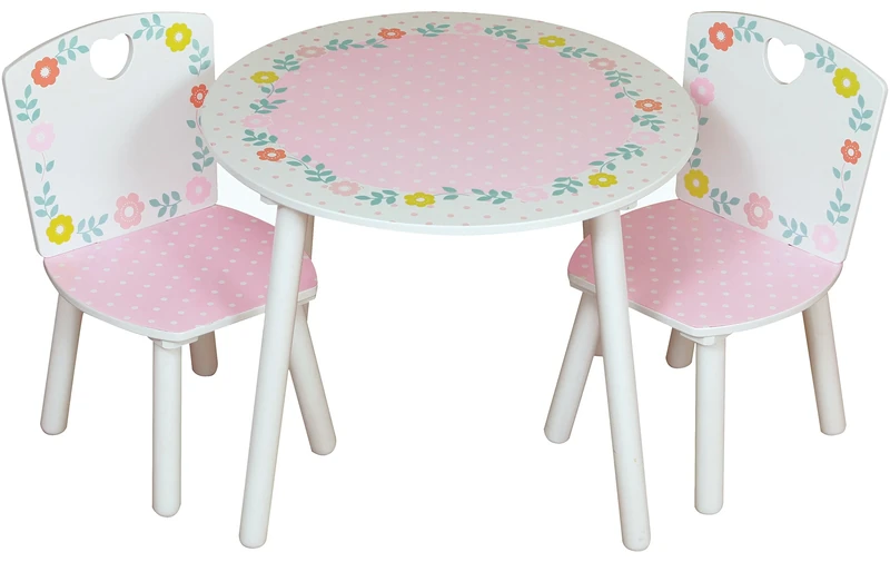 Country Cottage Kidsaw Table and Two Chair Set for Kids, White/Multi Colour, Wood, H 45 x W 50, Playroom, Bedroom, Age 2 to 6 Years