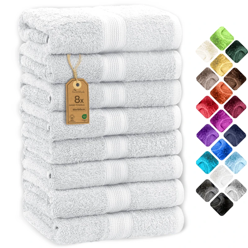 NatureMark 8 Hand Towels Set - 100% Cotton - Soft and Absorbent Bathroom Towels, Durable and Comfortable, Size 50 x 100 cm, White