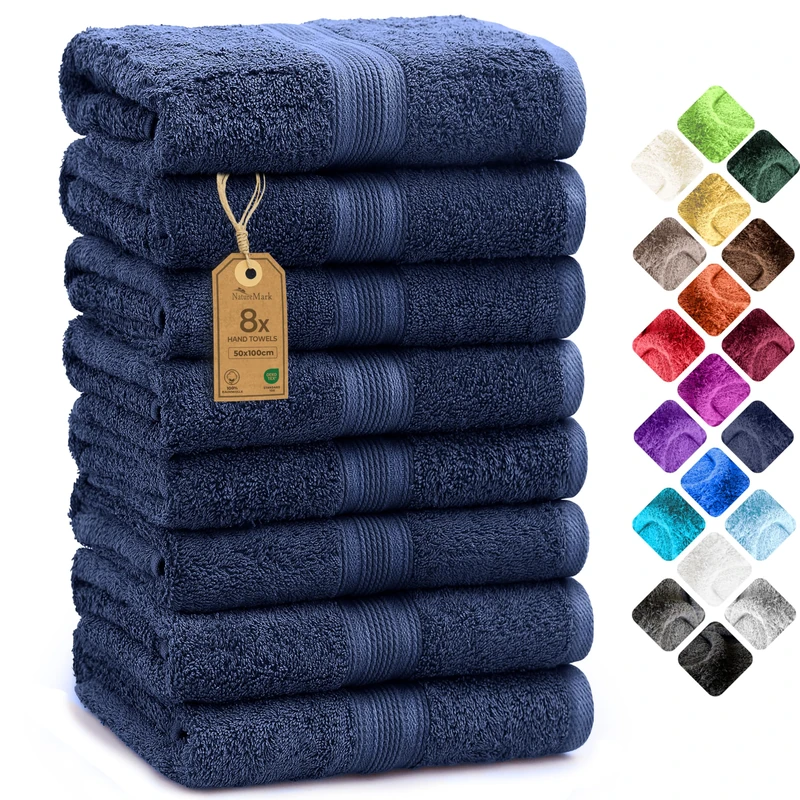 NatureMark 8 Hand Towels Set - 100% Cotton - Soft and Absorbent Bathroom Towels, Durable and Comfortable, Size 50 x 100 cm, Navy Blue