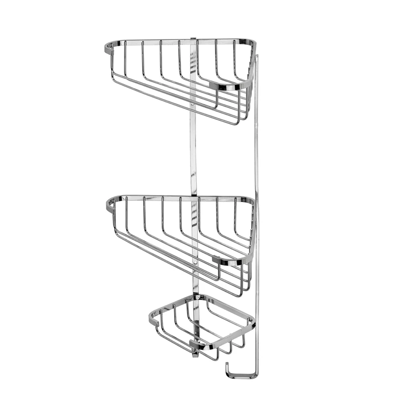 Croydex Three Tier Corner Shower Caddy - Durable Stainless Steel Bathroom Shelves with Chrome Finish for Modern Bathrooms, 3-Tier Shower Corner Shelves with Hooks, Easy Installation, 5kg Load Capacity