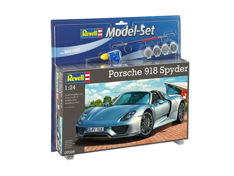 Revell Model Set 67026 Porsche 918 Spyder 1:24 Scale Unbuilt/Unpainted Plastic Model Kit with Contacta Professional Glue, Paintbrush & Selected Aqua Color Paints