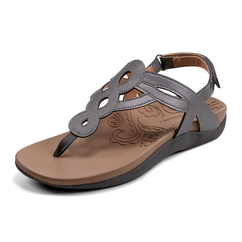 Rockport Women's Ramona Flat Sandal, Pewter, 6.5 Wide