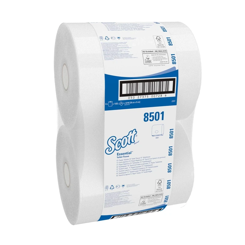 Scott Essential Jumbo Toilet Roll 8501 - Jumbo Roll Toilet Tissues - 6 Rolls x 1,053 2 Ply Toilet Paper Sheets (2,400m total)