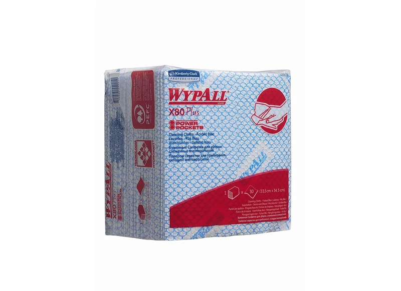 WypAll X80 Plus Critical Clean Cloths 19139 - Blue Colour Coded Cleaning Cloths - 8 Packs x 30 Quarter Fold Blue Cloths (240 Reusable Wipes)