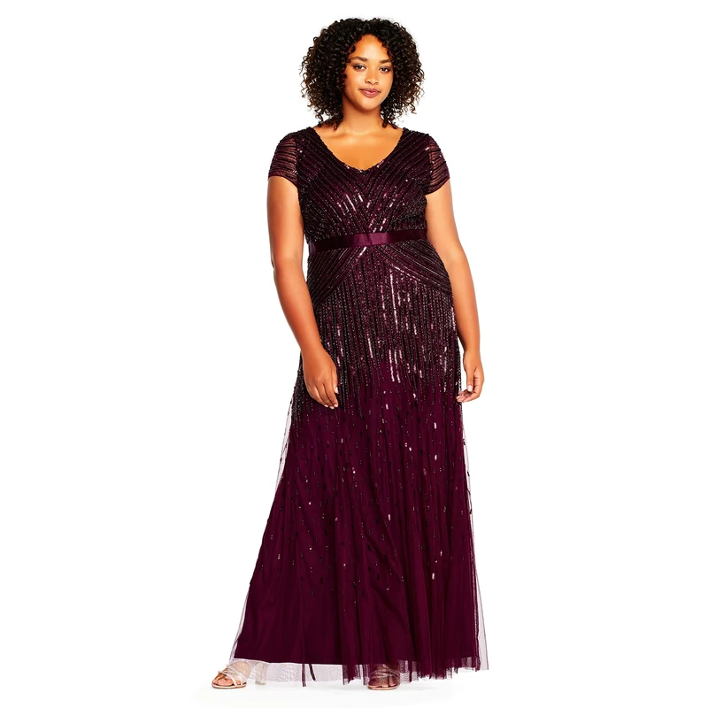 Adrianna Papell Women's Long Beaded V-Neck Dress with Cap Sleeves and Waistband, Cassis, 10