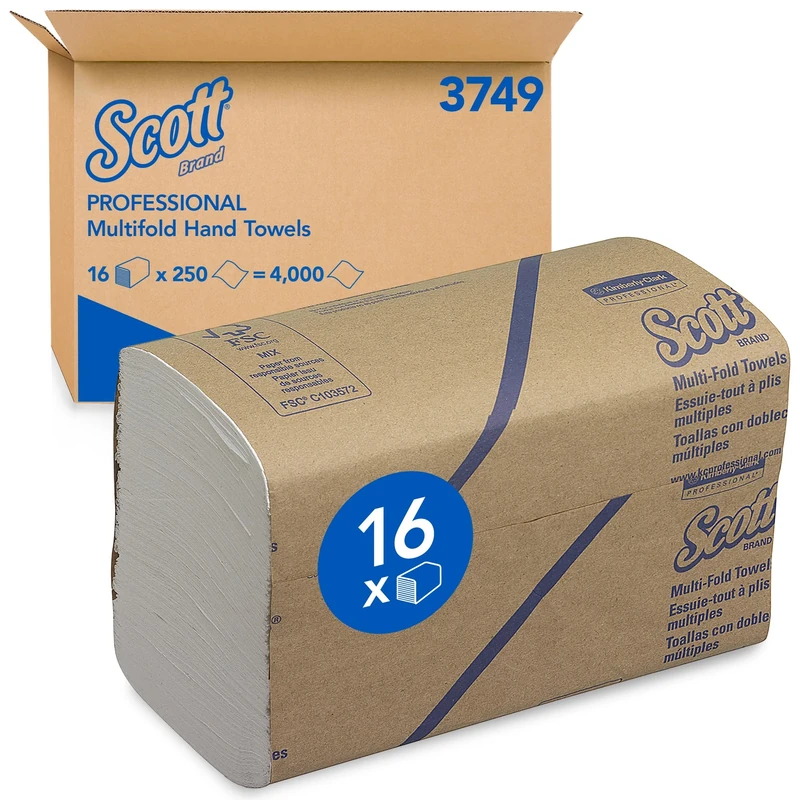 Scott Multifold Hand Towels 3749 Z-Fold White Paper Towels, Soft, Strong and Absorbent, Ideal for High-Traffic Washrooms, 16 Packs x 250 Sheets (4,000 Towels Total)