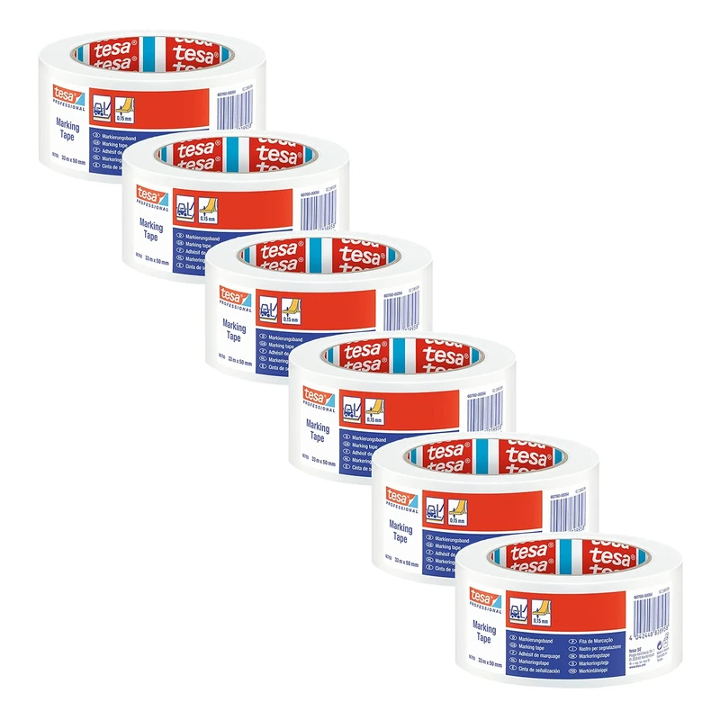 tesa PVC Floor and Lane Sports Hall Marking Tape, 33 m x 50 mm - White - 6 Rolls