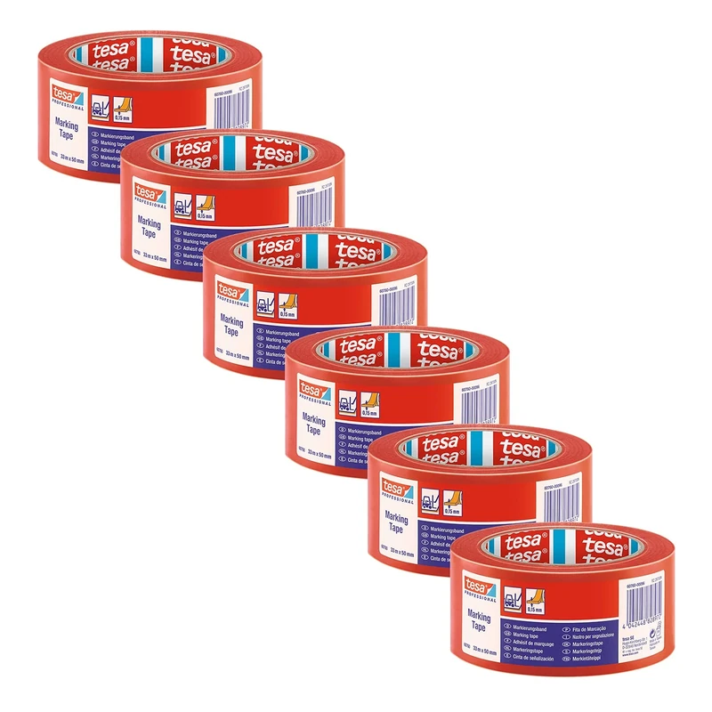 tesa PVC Floor and Lane Sports Hall Marking Tape, 33 m x 50 mm - Red - 6 Rolls