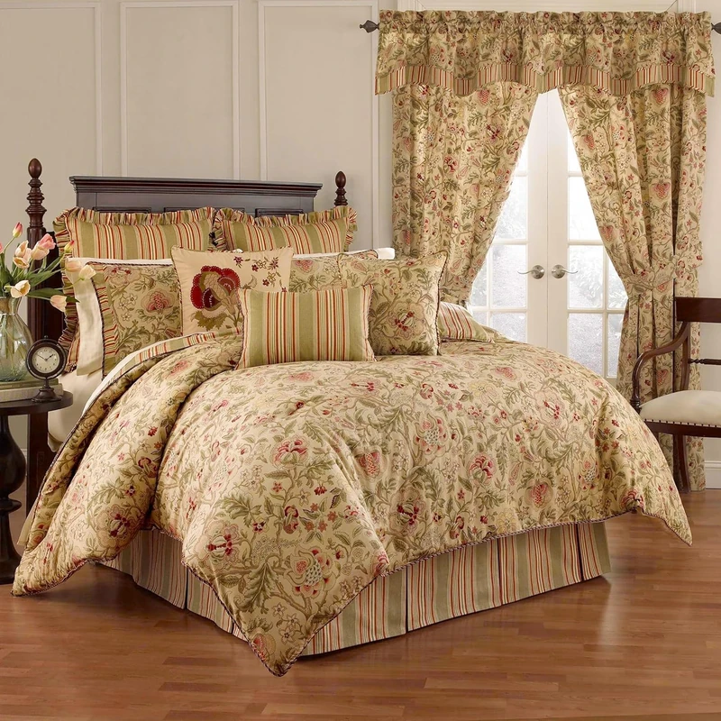Waverly Modern Farmhouse Floral 4-Piece Reversible Comforter Set, Cotton, Antique, King - Image 1