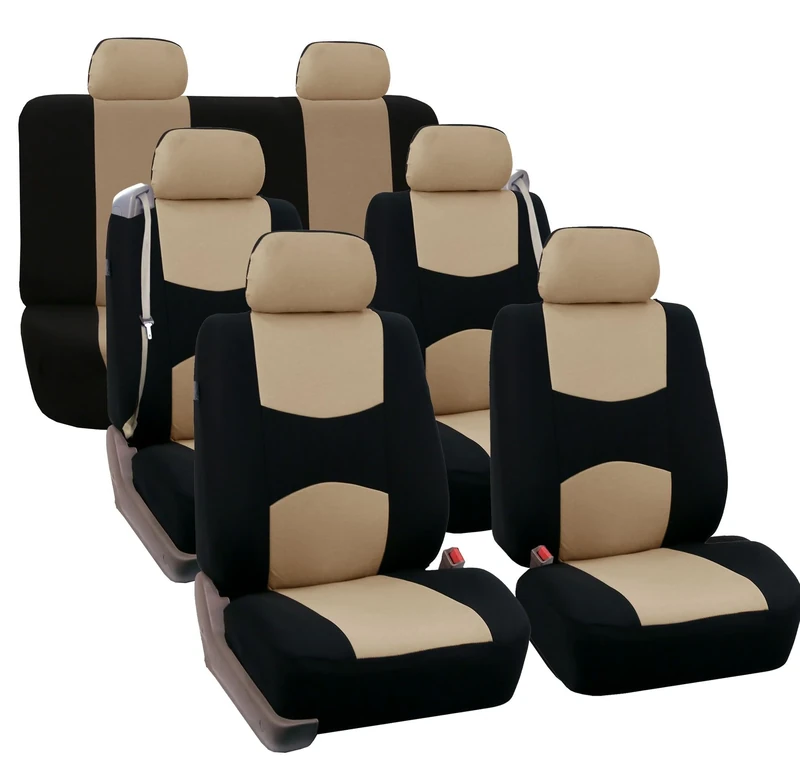 FH GROUP FH-FB351217 Three Row Full Set - All Purpose Flat Cloth Built-In Seat Belt Car Seat Cover Beige/Black - Fit Most Truck, Suv, or Van