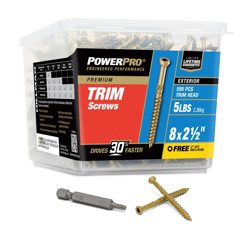 Power Pro 48637 Trim Screws, 8 x 2-1/2", All Purpose Wood, Deck, Composite, and Exterior Trim Screws, Rust Resistant, Bronze, 5lb Tub, 655 pcs