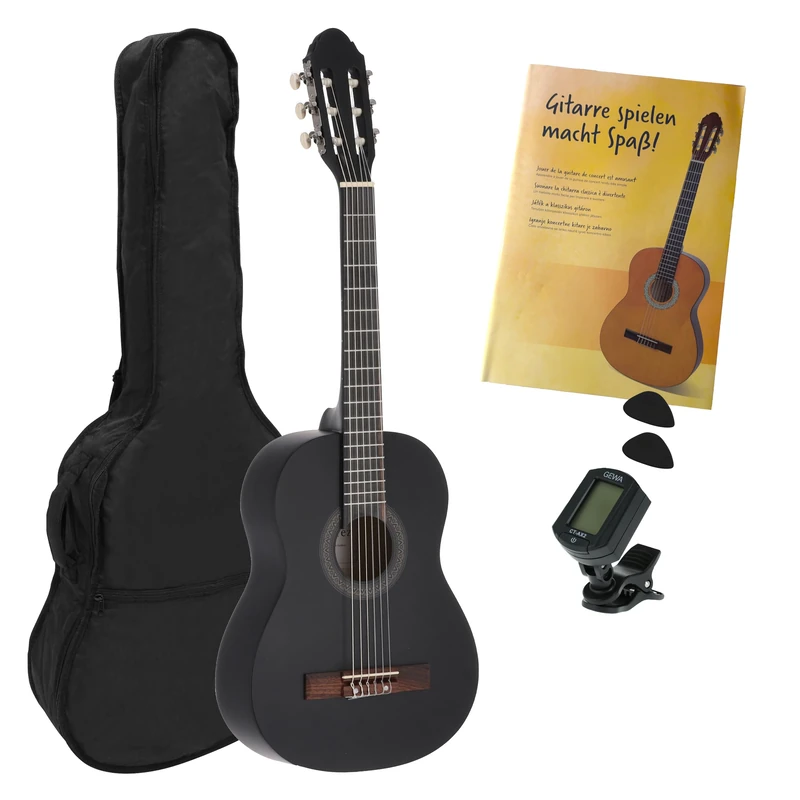 Juan Miguel Navarrez concert guitar, classical guitar, 1/2 black, starter set (incl. bag, picks, book with CD, tuner)