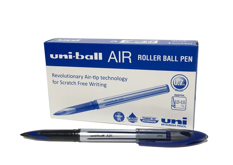 uni-ball UB-188-L Rollerball Pens. Premium 0.7mm Medium Nib for Super Smooth Handwriting. Writes Like a Fountain Pen. Fade and Water Resistant Liquid Uni Super Ink. Box of 12 Blue Ballpoint Pens