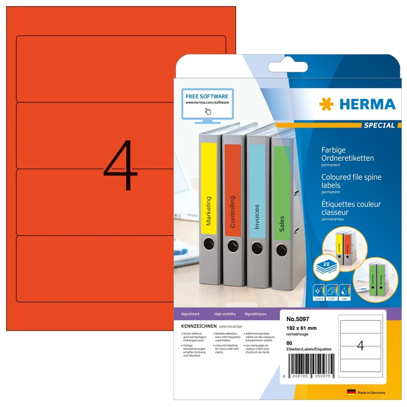 HERMA Self Adhesive Spine Labels, 4 Labels per A4 Sheet, 640 Sheets, 192 x 61 mm, 2560 Labels, Blank Lever Arch File Folder Labels Stickers, Sticky Labels for Laser & Inkjet Printer, Red