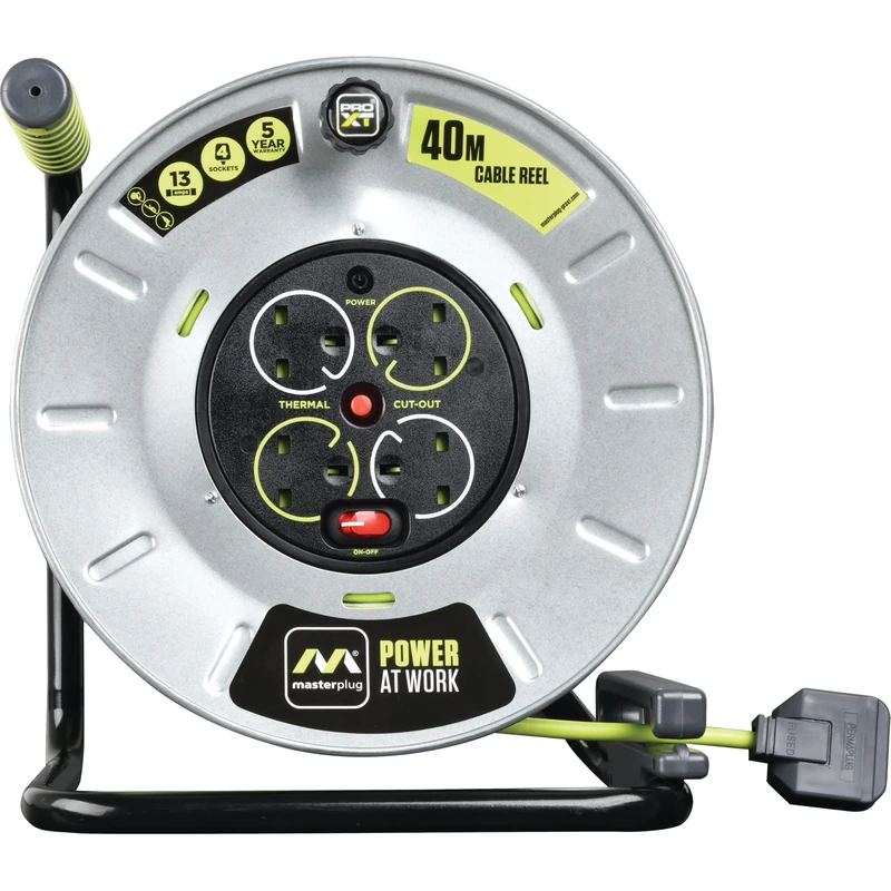 Masterplug Premium 4 Socket Metal Open Cable Reel with 40 Metre High-Vis Cable, Heavy Duty Extension Reel, Thermal Cut-Out & Power Indicator, Large, Pro-XT, Grey/Green, 13A, 4G, 40m, OTLU40134SL