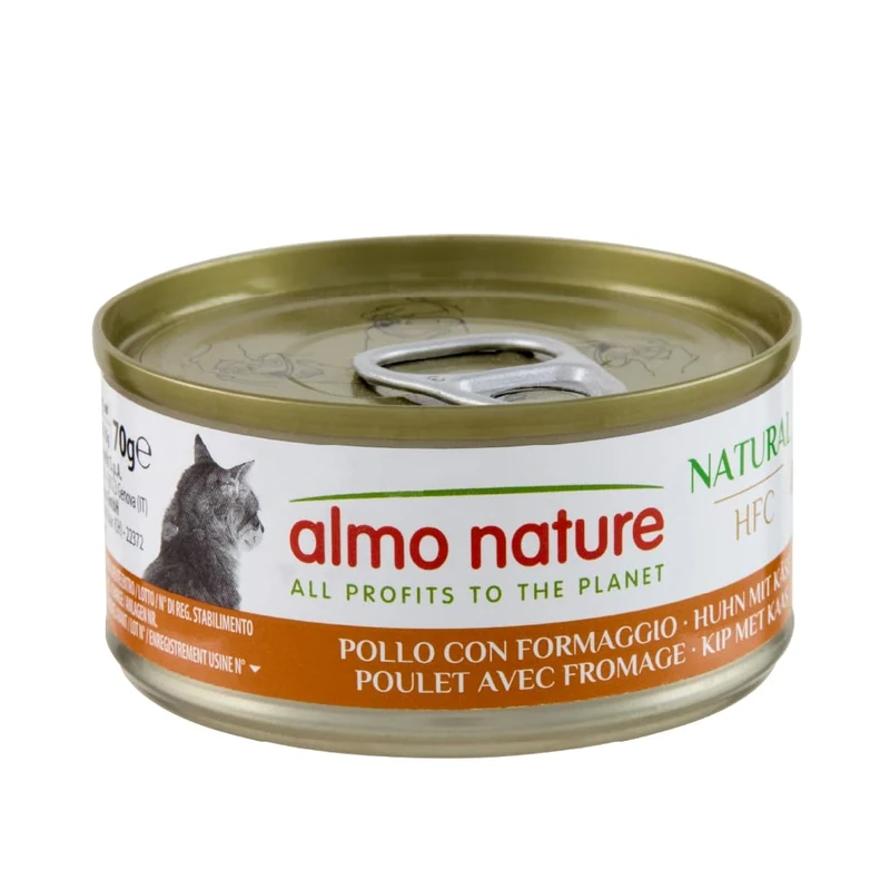 Almo Nature HFC Natural - Wet Cat Food - Chicken with Cheese - Human Grade, Gluten Free, Monoprotein - 70g, Pack of 6