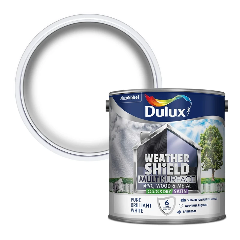 Dulux Weather Shield Multi-Surface Quick Dry Satin Paint, Pure Brilliant White, 2.5 L