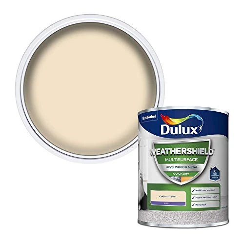 Dulux Weathershield Quick Dry Multi Surface Paint. Satin. Cotton Cream. 750ml for uPVC, wood and metal (no primer/undercoat required)
