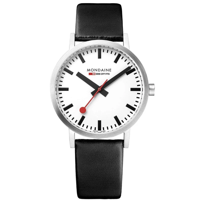 Mondaine Classic 36mm White Dial Watch | Sustainable Design, Brushed Stainless Steel Case, Iconic Red Crown, Vegan Grape Leather Strap - Eco-Friendly & Minimalist Timepiece - Image 1