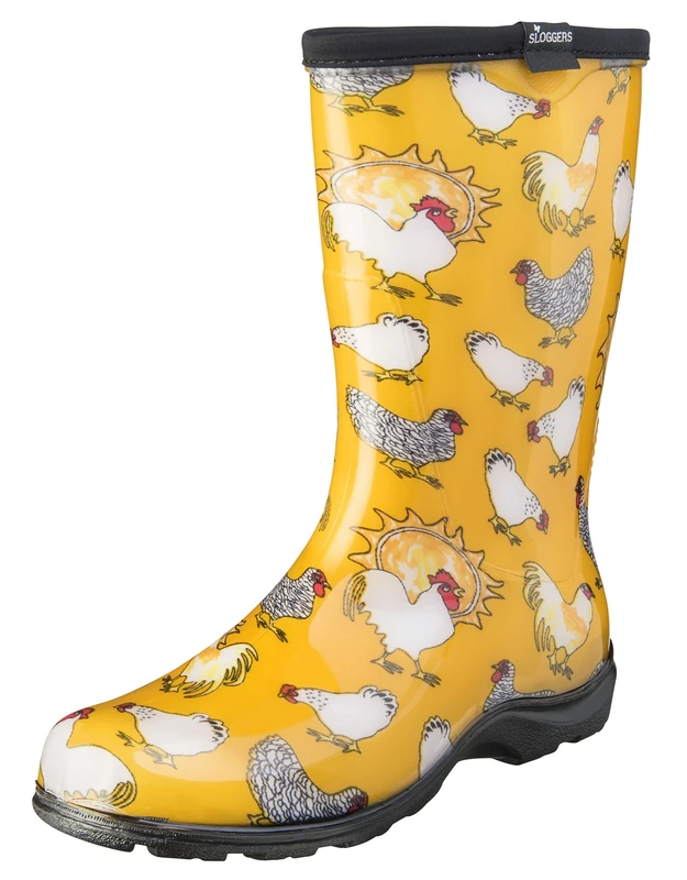 Sloggers Women's Waterproof Rain and Garden Boot with Comfort Insole, Chickens Daffodil Yellow, Size 8, Style 5016CDY08