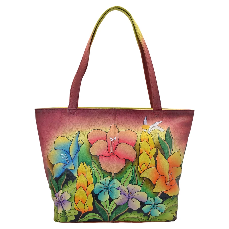 Anna by Anuschka Women's, Handpainted Leather Large Tote, Mediterranean Garden, L