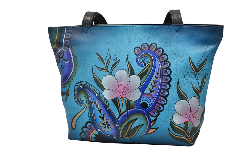 Anna by Anuschka Women's, Handpainted Leather Large Tote, Denim Floral Paisley, L