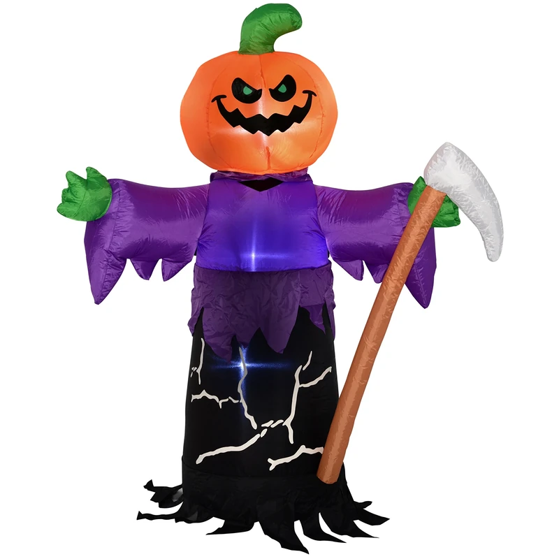 WeRHalloween 150 cm Large Pre-Lit "Pumpkin Grim Reaper" Inflatable Halloween Decoration with LED Lights and Fan, Multi-Colour
