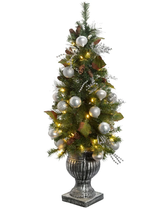 WeRChristmas Pre-Lit Potted Christmas Tree with 50 Warm White LED Fairy Lights, 4 feet/1.2 m - Silver/Blue