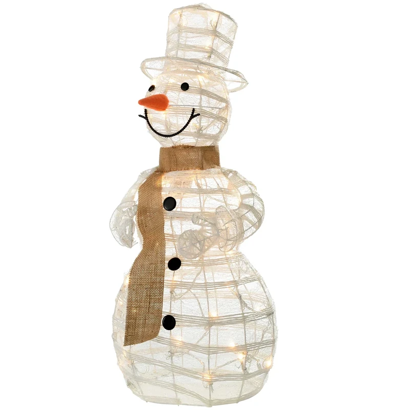 WeRChristmas Pre-Lit Paper String and Gauze Snowman with 42 Warm LED Lights, 71 cm - White