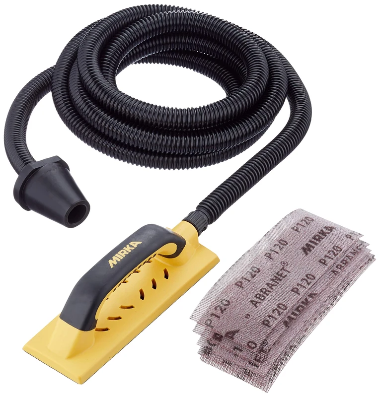 Mirka Handy Kit Hand Sanding Starter-Kit 80x230mm / Sanding Block Set with dust Extraction incl. 4m Suction Hose and 5 pcs Mirka Abranet net Sanding Strips Hook & Loop P80 P120 P180