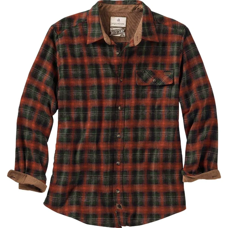 Legendary Whitetails Men's Buck Buck Camp Flannel Shirt, Long Sleeve Plaid Button Down Casual Shirt for Men with Corduroy Cuffs, Redwood Plaid, X-Large Tall