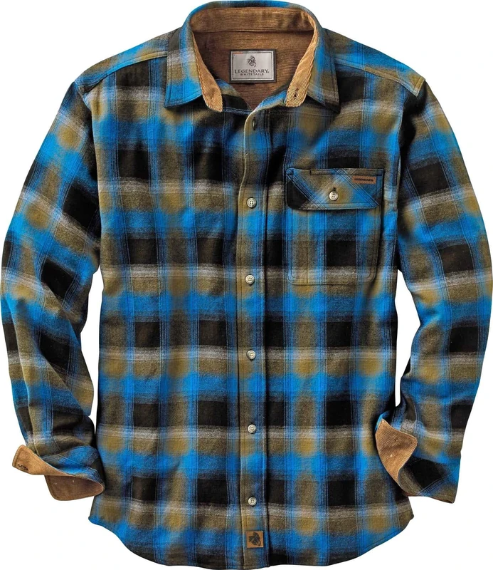Legendary Whitetails Men's Buck Camp Flannel, Long Sleeve Plaid Button Down Casual Shirt, Corduroy Cuffs, Cobalt Plaid, Medium