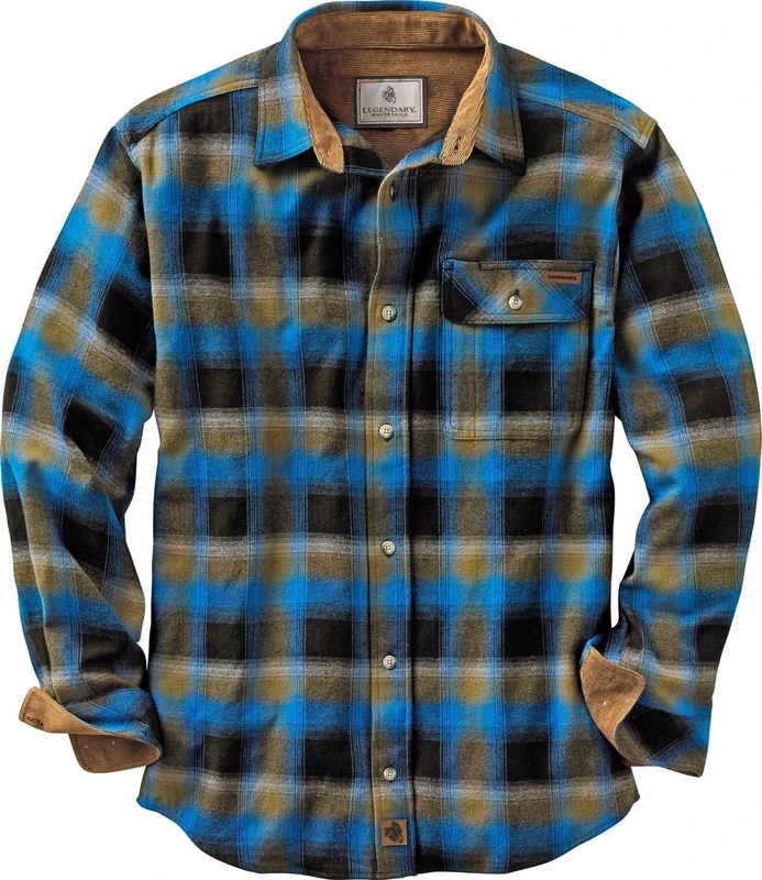 Legendary Whitetails Men's Buck Camp Flannel, Long Sleeve Plaid Button Down Casual Shirt, Corduroy Cuffs, Cobalt Plaid, S