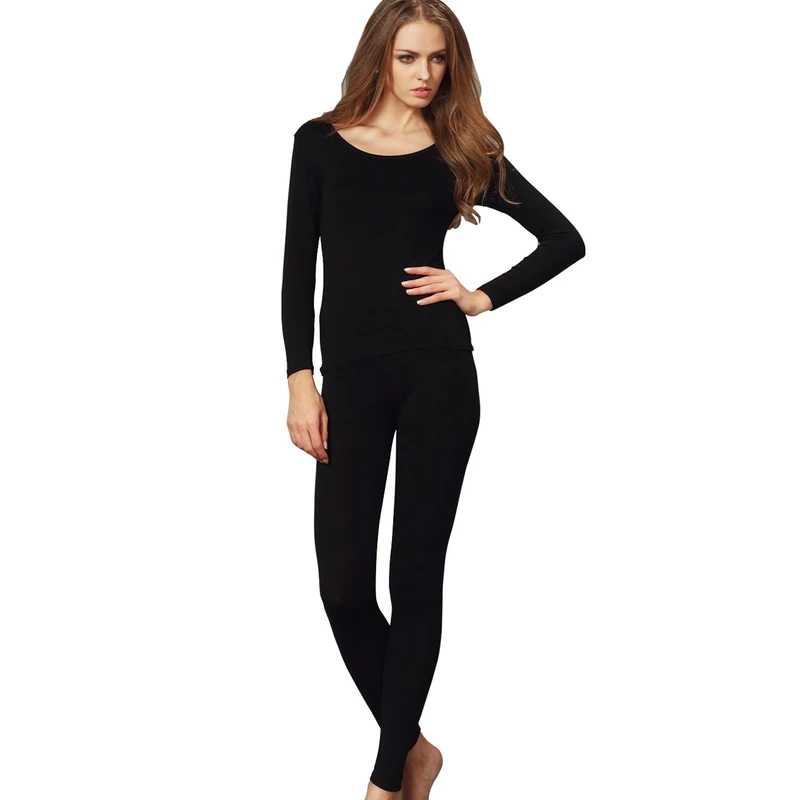 Liang Rou Women's Crew Neck Top & Bottom Ultra Thin Thermal Underwear Set Black Large