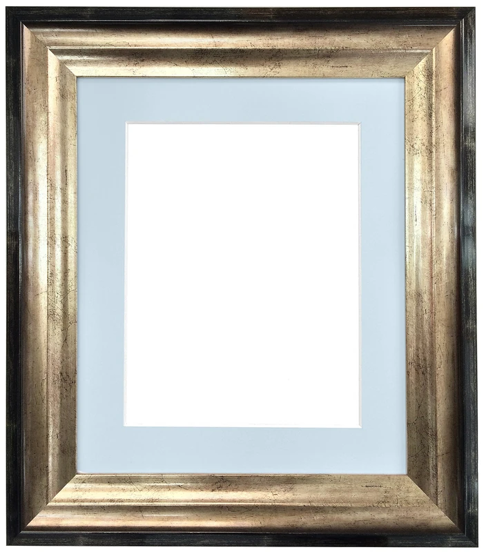 FRAMES BY POST Firenza Antique Distressed Black and Gold Picture Photo Frame Plastic Glass with Blue Mount 40x50 cm Picture Size 15"x10"