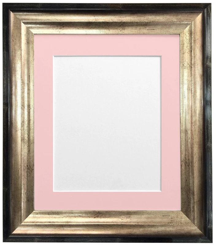 FRAMES BY POST Firenza Antique Distressed Black and Gold Picture Photo Frame Plastic Glass with Pink Mount A1 Picture Size A2