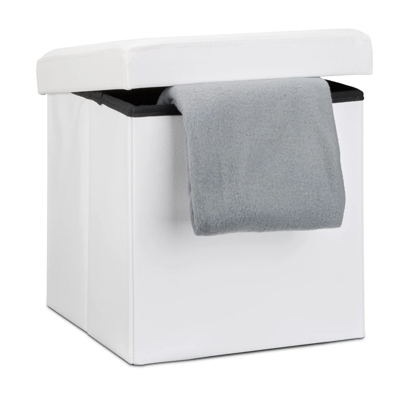 Relaxdays Folding Ottoman Seat 38 x 38 x 38 cm Sturdy Storage Chair and Practical Footstool, Faux Leather Storage Box with Removable Lid, White