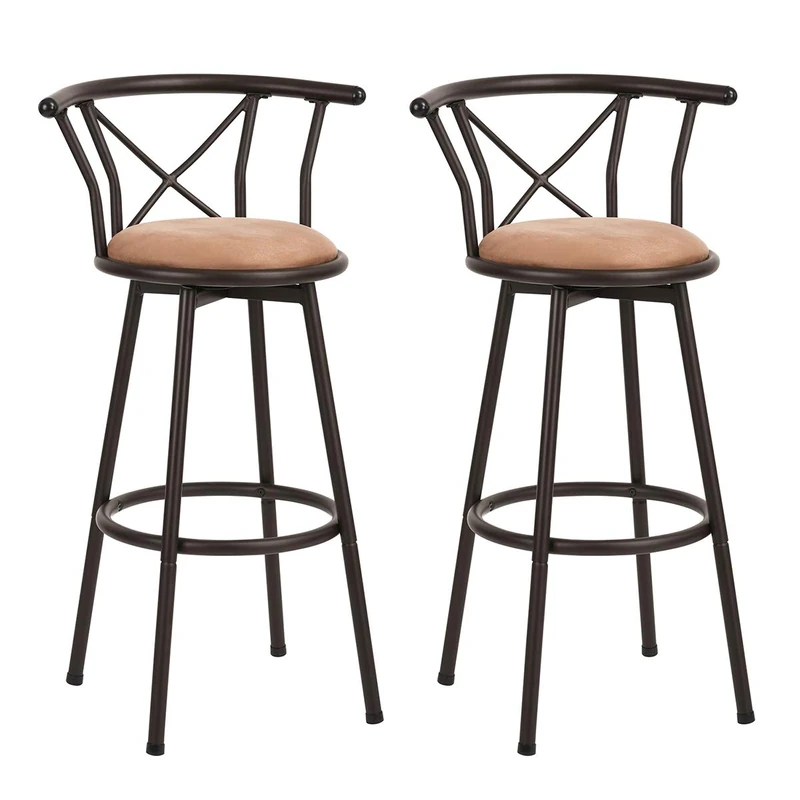 MEUBLE COSY Bar Stools Set of 2, Kitchen Breakfast Bar Chairs Swivel with Backrest Footrest, 75,5 cm Tall Seat, Steel Frame, Suede Upholstered, Industrial Style, for Dining Room Counter, Brown - Image 1