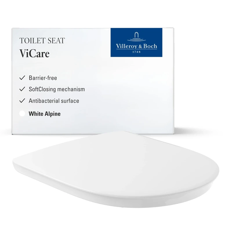 Villeroy & Boch ViCare accessible Toilet seat, Toilet lid with Soft-Closing Mechanism, Removable Toilet seat, Break-Proof Duroplast, Toilet lid Original Spare Part, D-Shape, White Alpine AntiBac