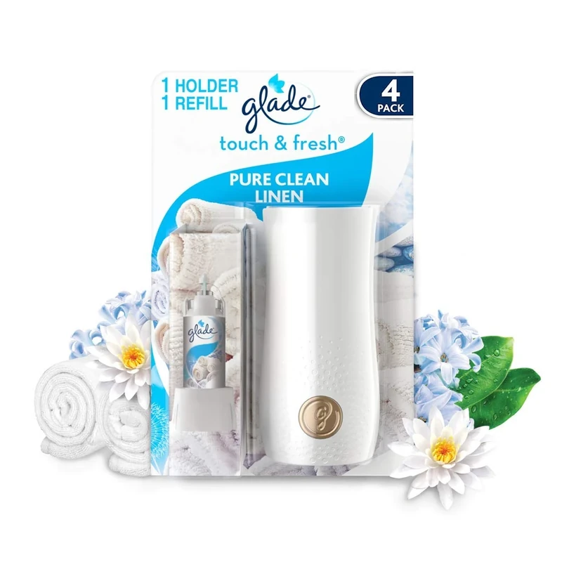 Glade Touch & Fresh Air Freshener Spray, Touch Activated Odour Eliminator for Bathroom & Home, Clean Linen, Pack of 4 Starter Kits, (4 x Holder and 4 x 10ml Refill)