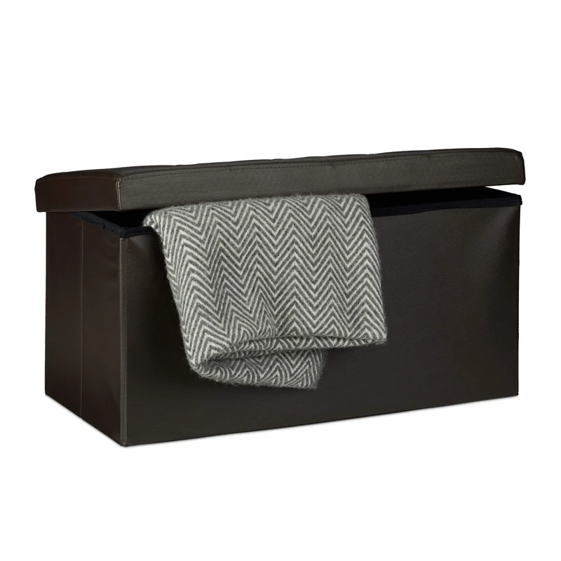 Relaxdays Folding Storage Bench Large Seat, Faux Leather, 38 x 78 x 38 cm, Foldable Footstool Ottoman with Removable Lid, Brown