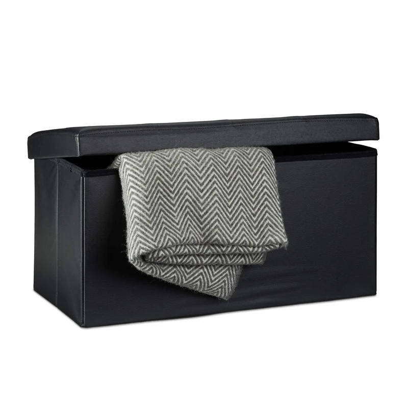 Relaxdays Folding Storage Bench Large Seat, Faux Leather, 38 x 78 x 38 cm, Foldable Footstool Ottoman with Removable Lid, Black