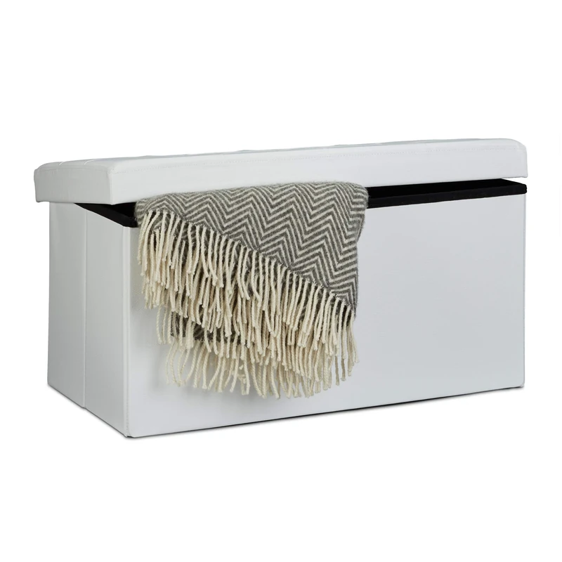 Relaxdays Folding Storage Bench Large Seat, Faux Leather, 38 x 78 x 38 cm, Foldable Footstool Ottoman with Removable Lid, White