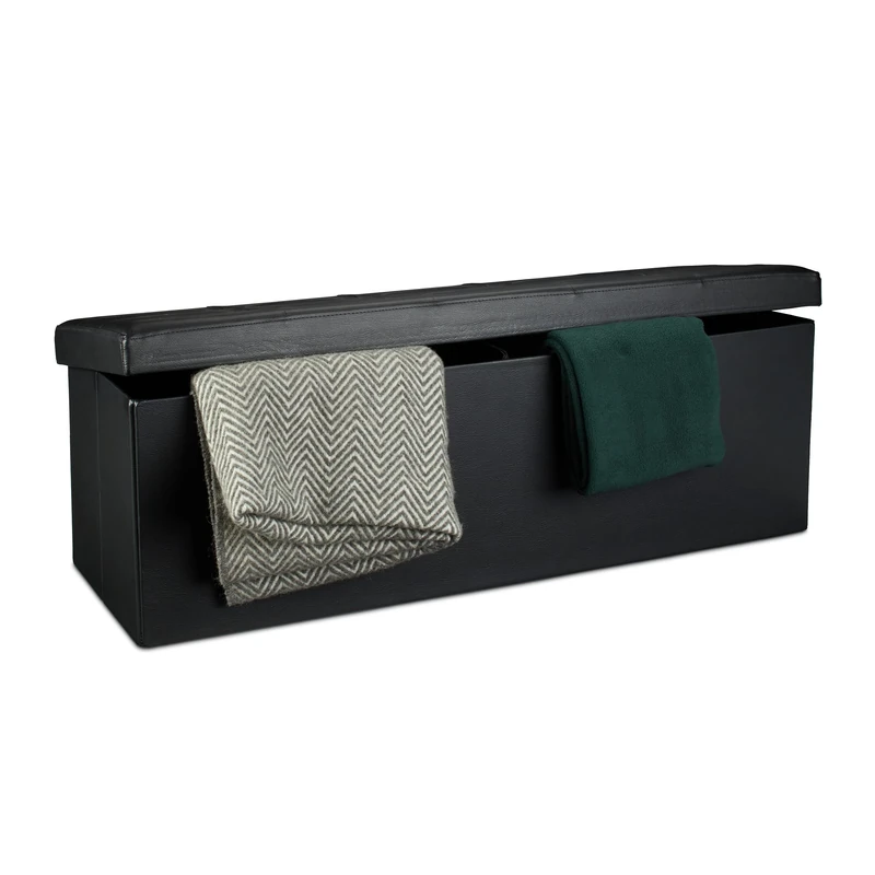 Relaxdays Folding Storage Ottoman XL, 38 x 114 x 38 cm Sturdy Seat with Bench, Faux Leather, with Removable Lid, Black