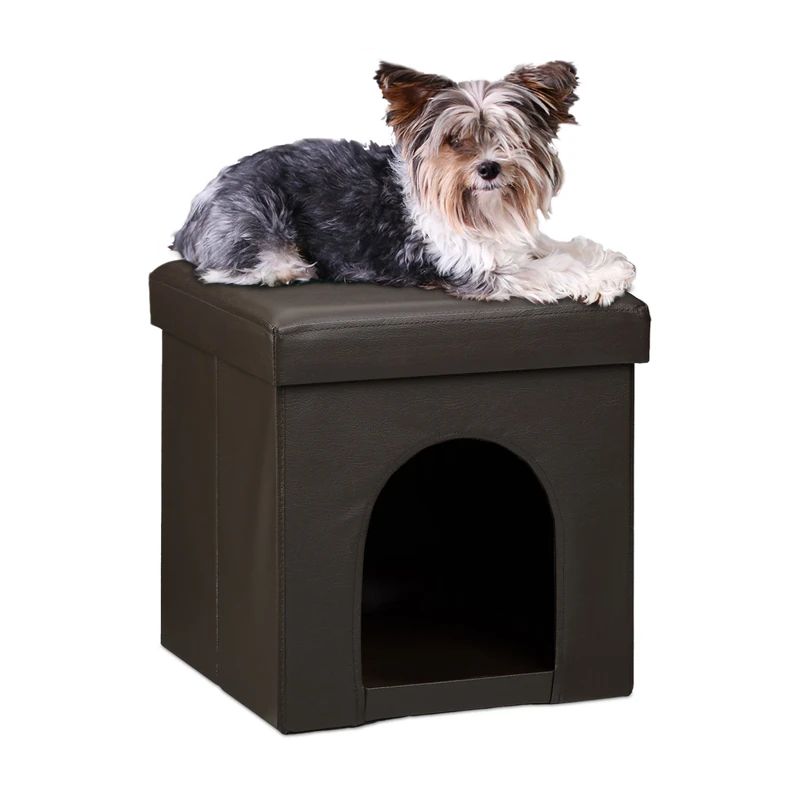 Dog House Ottoman, 38 x 38 x 38 cm, Seat Box with Practical Hole for Pets, Faux Leather, Removable Lid, Brown