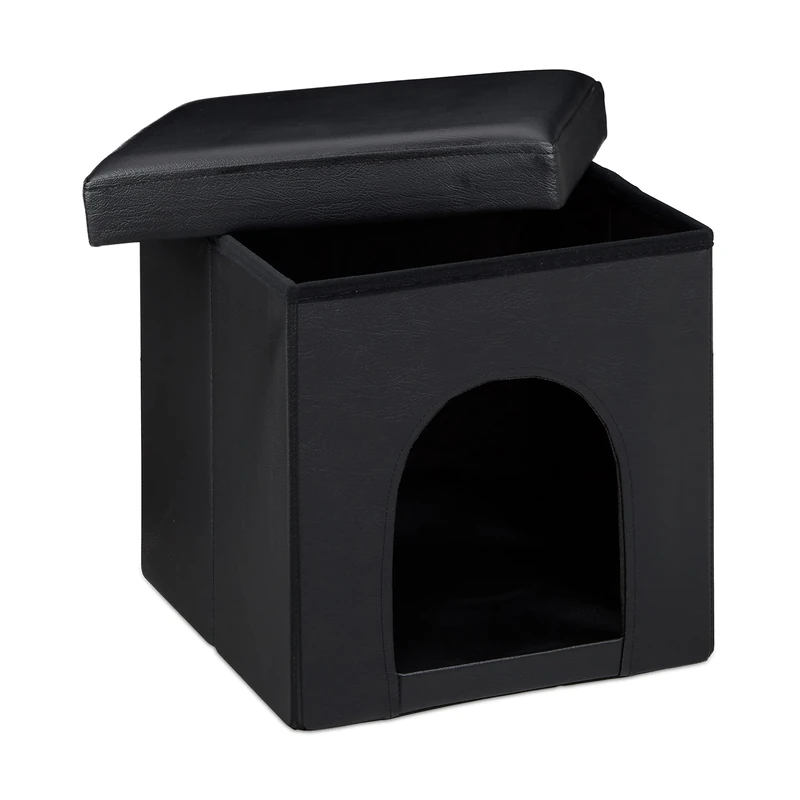 Dog House Ottoman, 38 x 38 x 38 cm, Seat Box with Practical Hole for Pets, Faux Leather, Removable Lid, Black