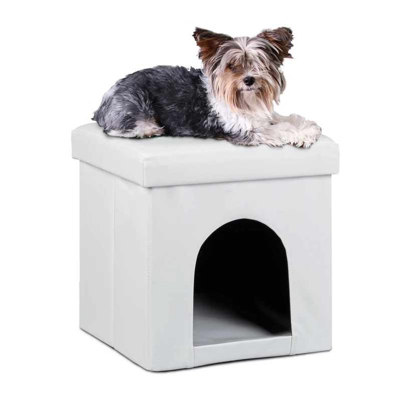 Dog House Ottoman, 38 x 38 x 38 cm, Seat Box with Practical Hole for Pets, Faux Leather, Removable Lid, White